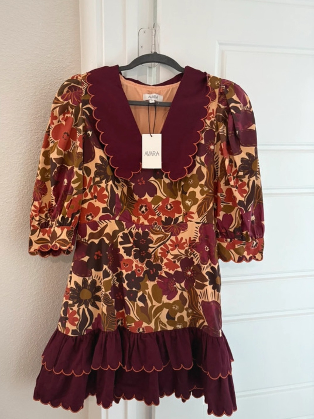 Avara Multi Floral Mini Dress with Scalloped Hem - Burgundy/Olive